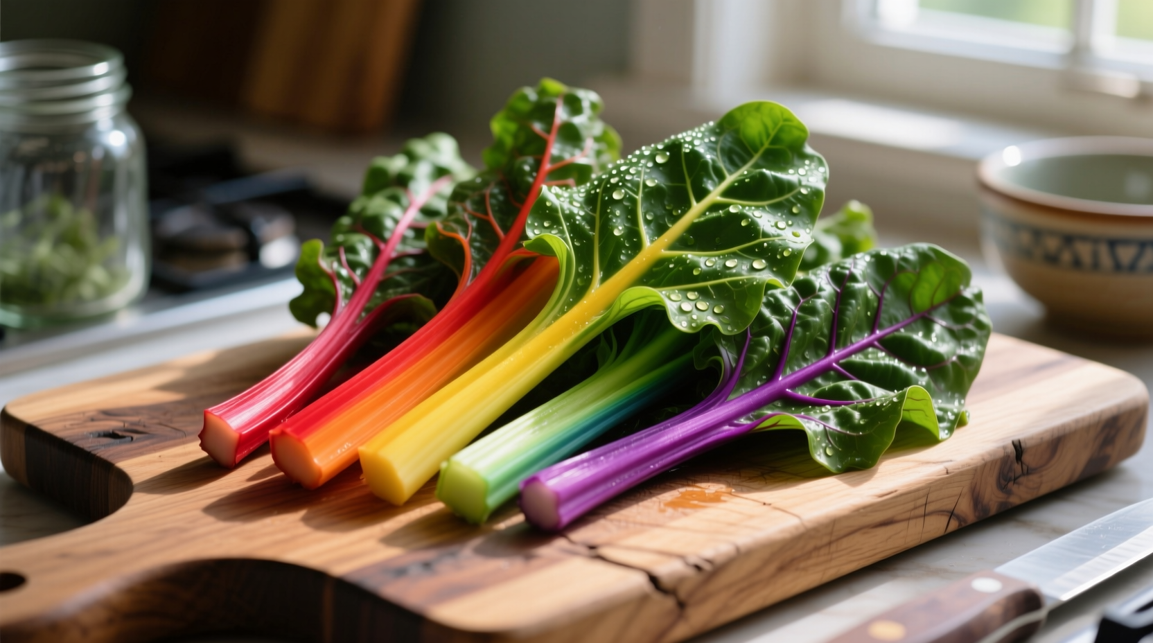 Fresh rainbow swiss chard on wooden cutting board