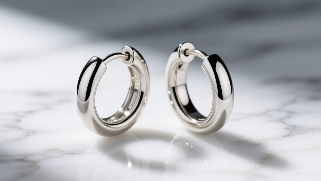 Close-up of a 14k palladium white gold huggie hoop showing a seamless hinge and mirror finish on a white marble surface