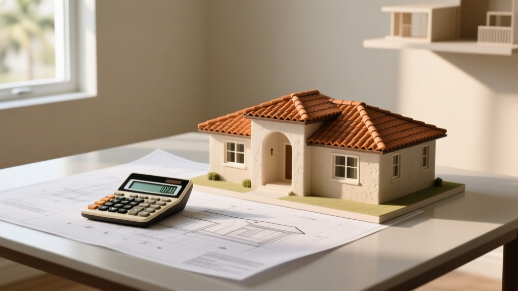 Blueprints on a table with a calculator next to a scale model of a modern Florida stucco home with a terracotta tile roof