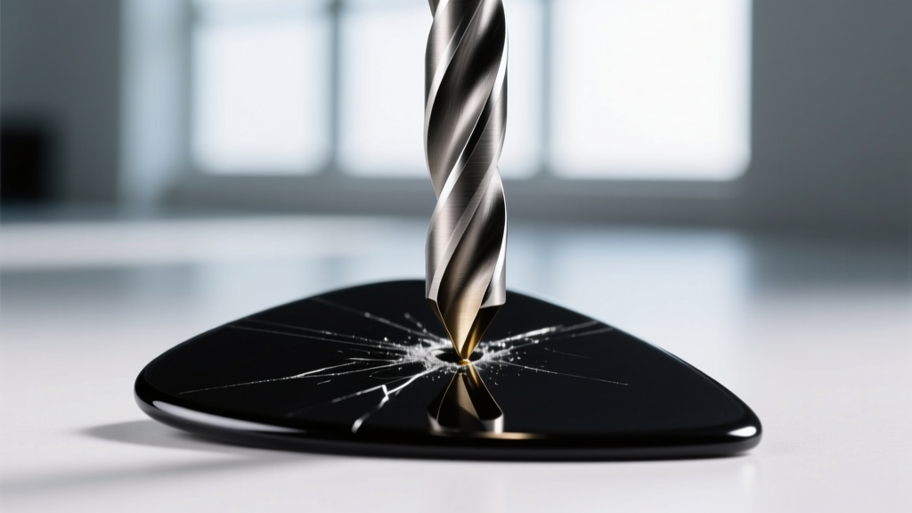Macro shot of a brad-point drill bit piercing a black Delrin guitar pick in a jeweler