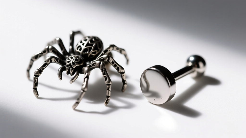 Macro shot of a tarnished metal spider Halloween stud earring resting beside a shiny implant-grade titanium flat-back labret.
