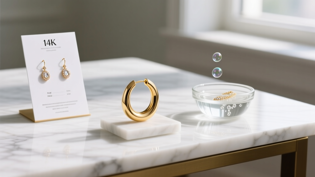 Printed earrings chart on marble desk beside a 14k gold hoop earring and a small glass bowl of gentle jewelry cleaning solution.