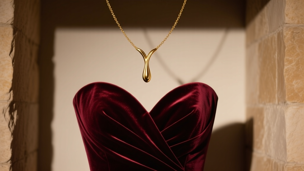 Gold Y-drop lariat necklace resting elegantly above a deep velvet sweetheart neckline gown under soft, moody gallery lighting