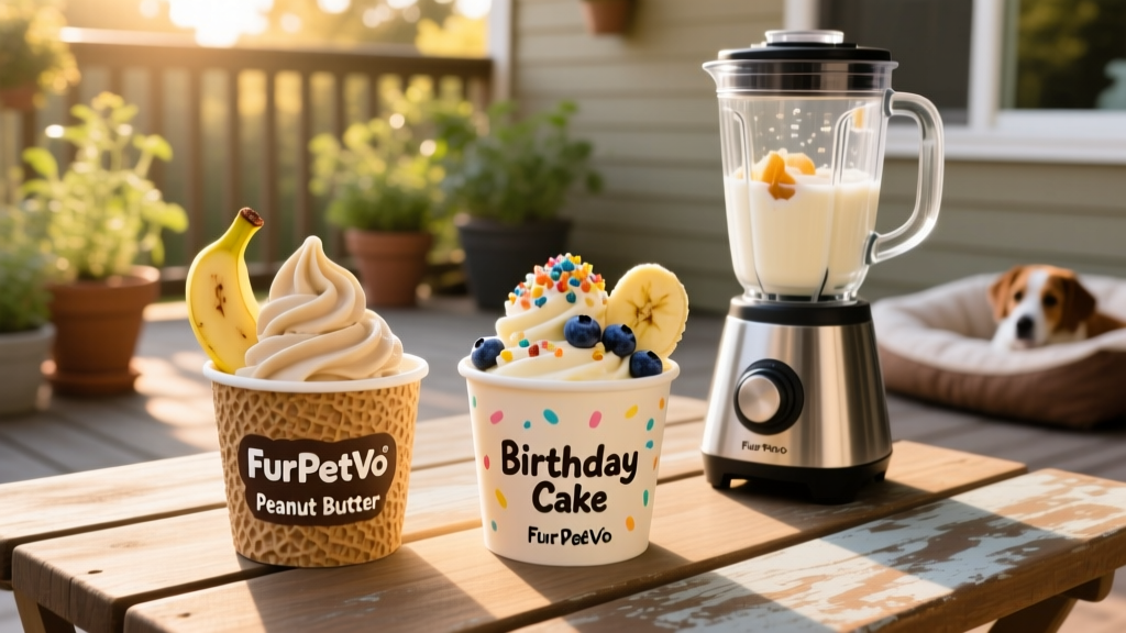Two different dog-safe ice cream cups labeled FurPetVo — one peanut butter flavor, one birthday cake — sitting beside fresh bananas and a blender
