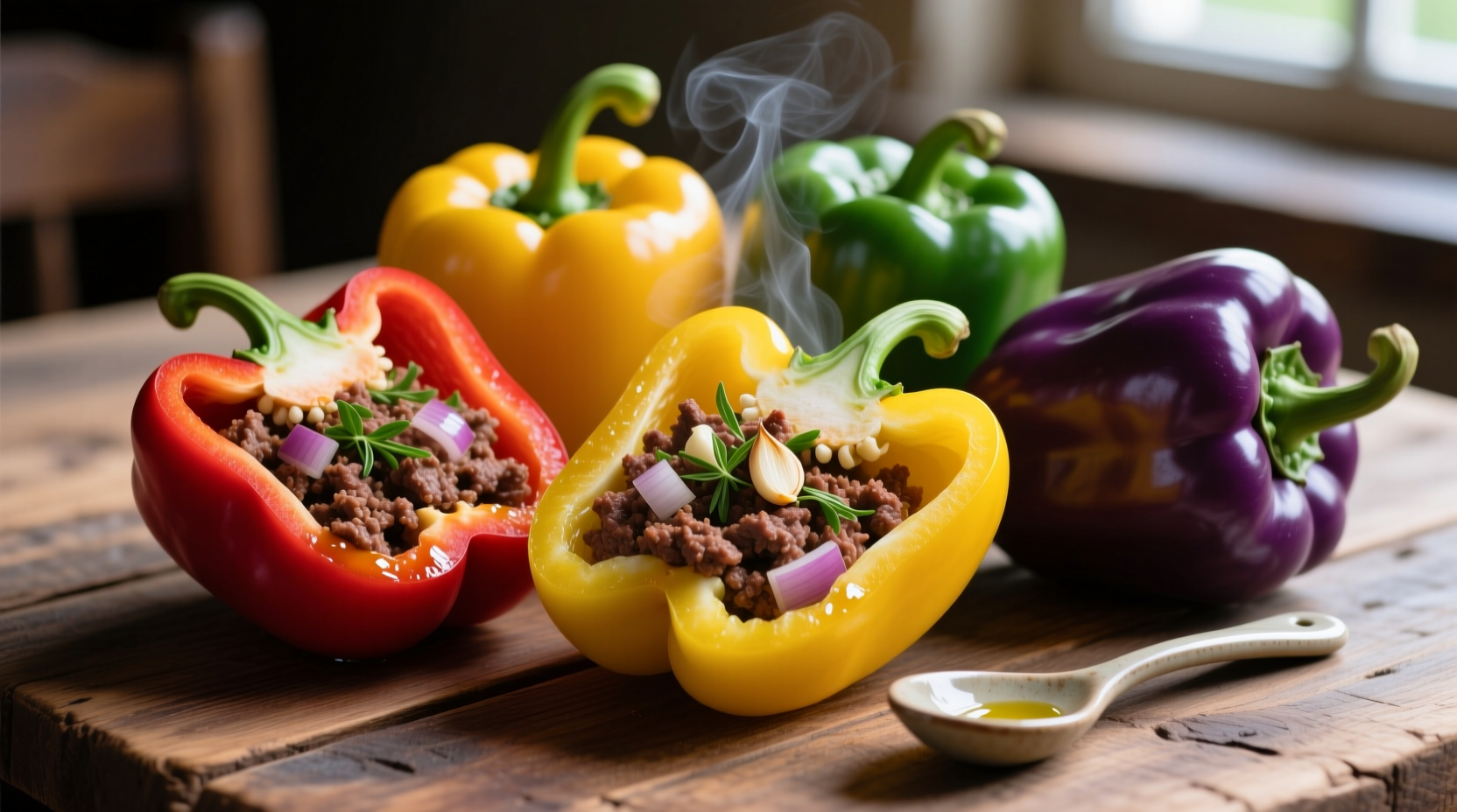 Colorful bell peppers filled with savory meat mixture