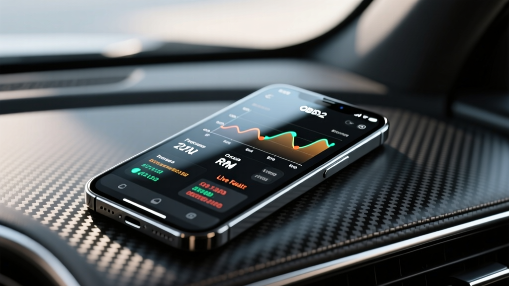 Close-up of a smartphone displaying a real-time OBD2 diagnostic app with engine telemetry graphs, resting on a carbon-fiber dashboard.