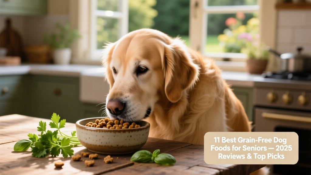 Senior golden retriever eating from a ceramic bowl with visible kibble and fresh herbs nearby