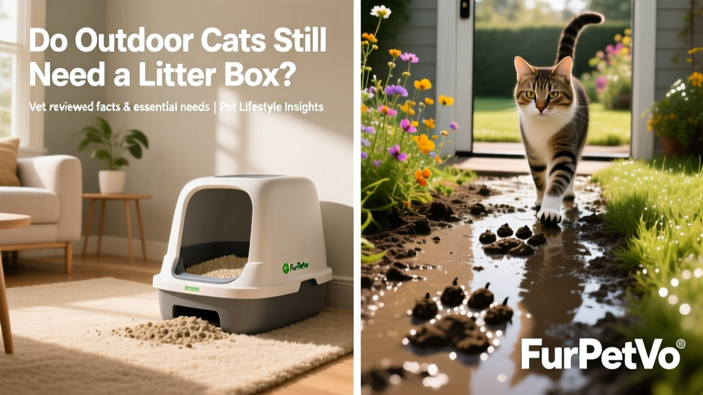 Side-by-side comparison: a tidy FurPetVo litter box indoors versus muddy paw prints leading to a garden patch