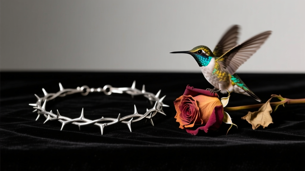 Oxidized silver thorn choker on dark velvet beside a hummingbird and dried roses, lit by soft moody directional studio lighting