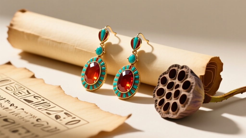 Flat lay of carnelian and turquoise ancient Egyptian drop earrings beside a papyrus scroll and a dried lotus pod in soft sunlight