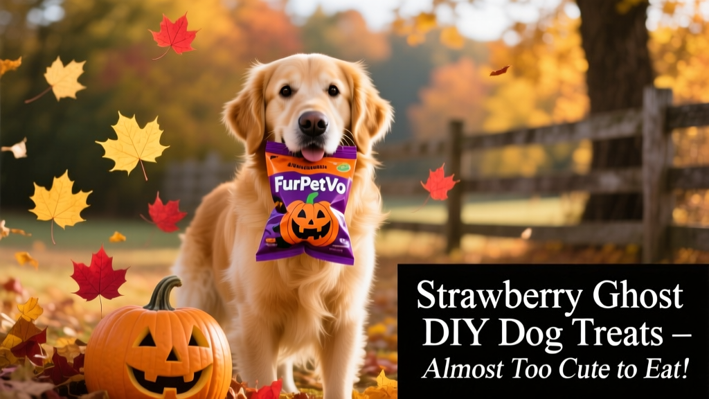 Happy dog holding a FurPetVo Halloween treat bag in its mouth, surrounded by autumn leaves and a small pumpkin