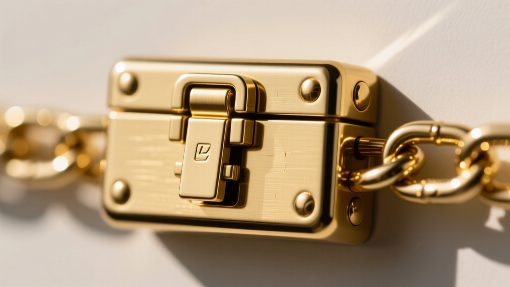Macro view of a sturdy box clasp with safety latches on a thick gold chain, showing the secure mechanical tongue and groove.