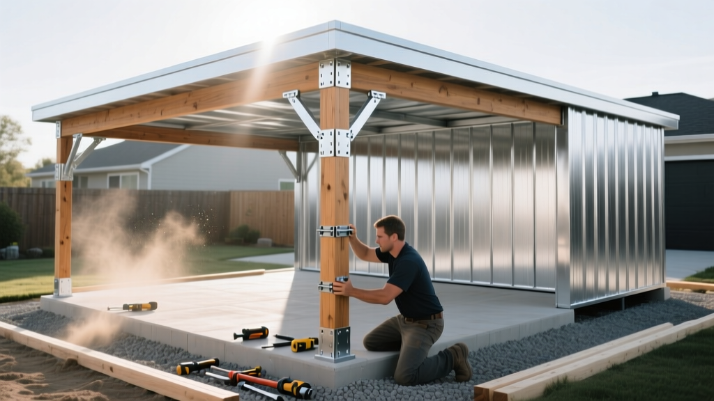 Silver galvanized steel 20x20 carport kit being assembled on a compacted gravel pad with pressure-treated wooden support posts and Simpson brackets
