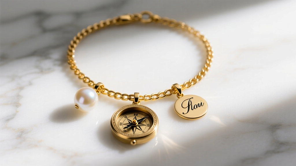 Flat lay of a 14k yellow gold rolo charm collector necklace with a pearl, a compass, and an initial pendant on a marble surface