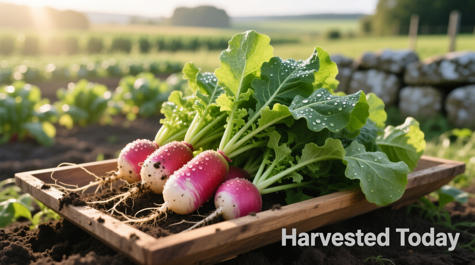 Freshly harvested radishes with greens still attached