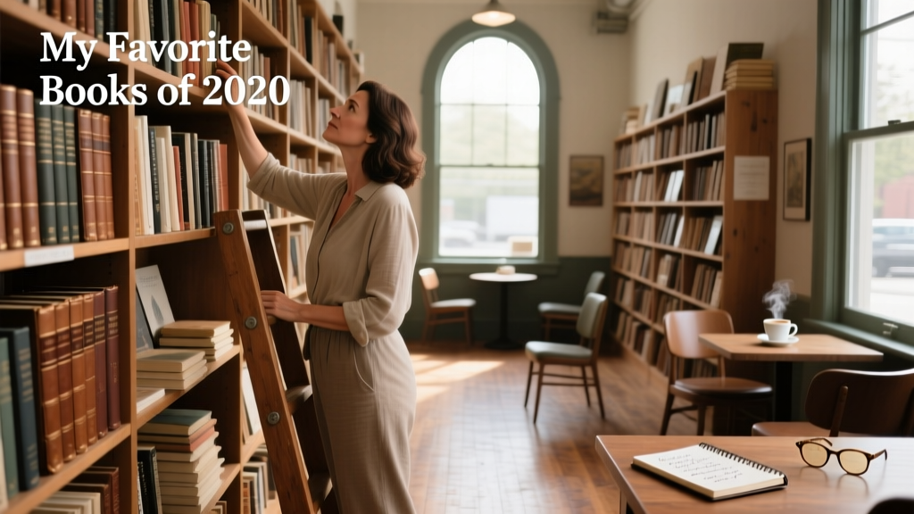A woman in a bookstore looking at books on a ladder
