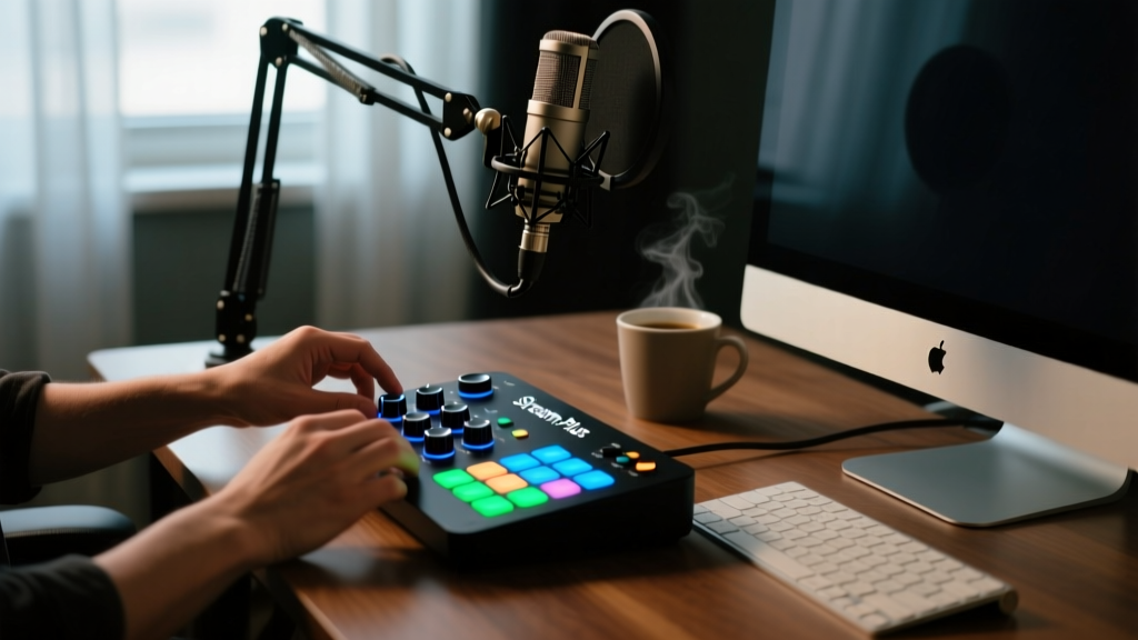 Hands adjusting the rotary dials on an Elgato Stream Deck Plus mounted next to a microphone boom arm in a dimly lit podcast recording studio