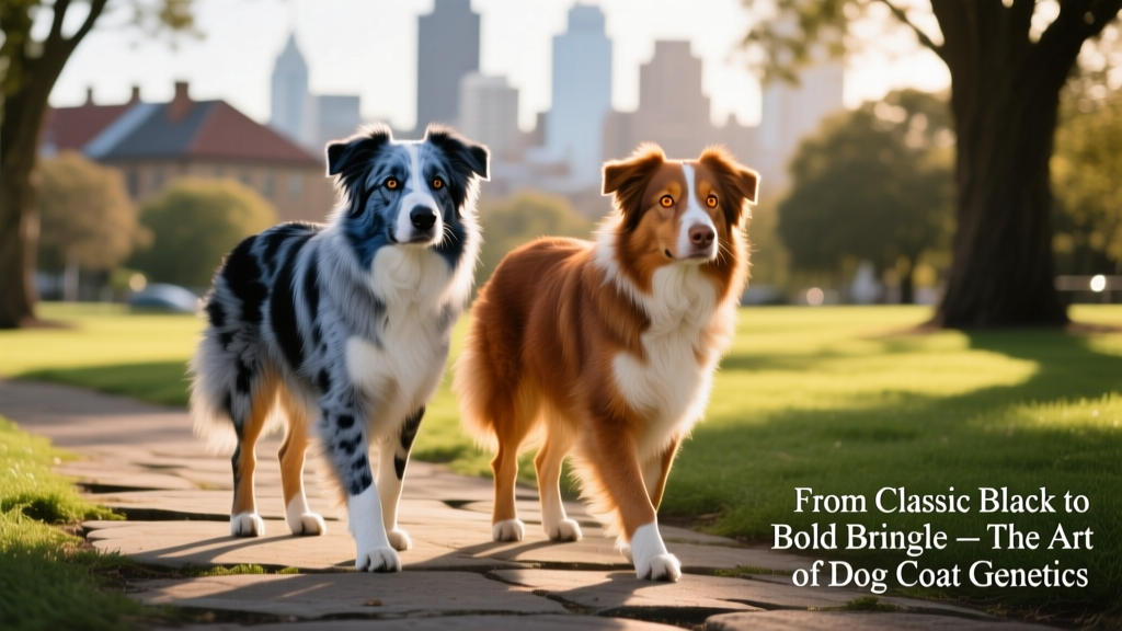 Two dogs side by side: a blue merle Australian Shepherd with marbled gray-and-black coat and a red merle version with caramel-and-cream swirls