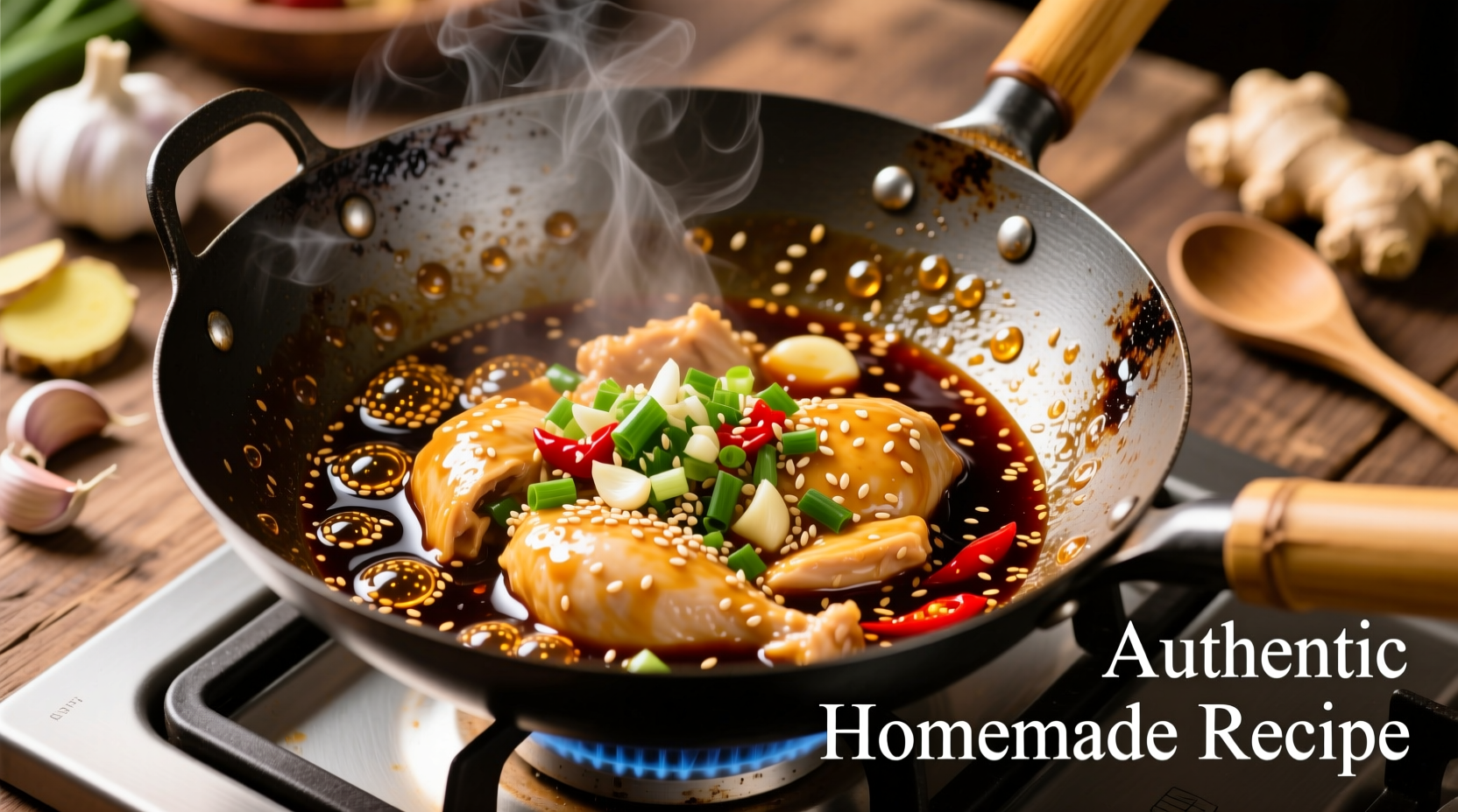 Homemade Chinese chicken garlic sauce in wok