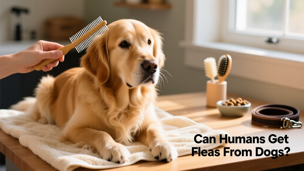 Dog being gently combed with a flea comb while sitting on a towel-covered surface