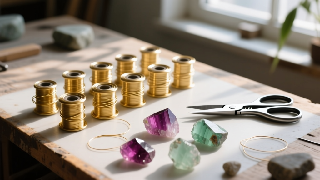 Top-down view of a jeweler bench with gold-filled wire spools, raw tourmaline slices, and flush cutters in soft natural lighting