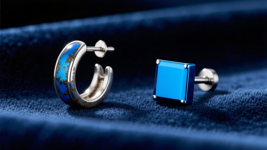 Side-by-side comparison of a tarnished silver blue enamel earring and a pristine titanium blue anodized cartilage stud on velvet.