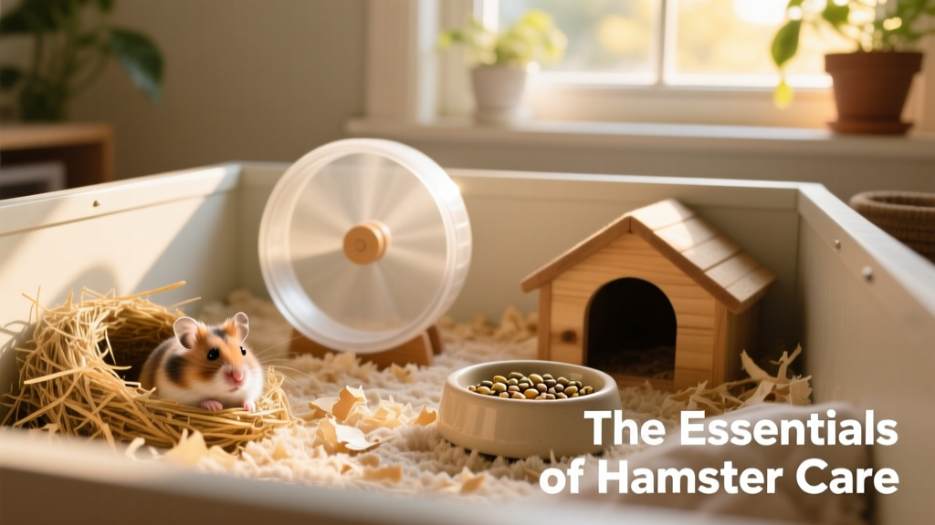 Well-set-up hamster habitat with nesting area, wheel, hideout, and food dish