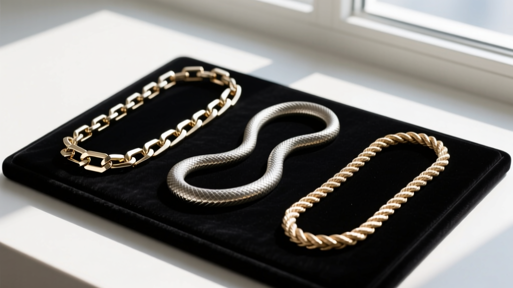 Flat lay of three thin chain styles including a box chain, snake chain, and rope chain on a dark velvet jewelry display pad.