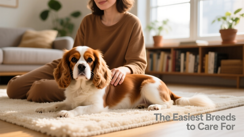 A gentle Cavalier King Charles Spaniel resting beside its owner on a soft rug