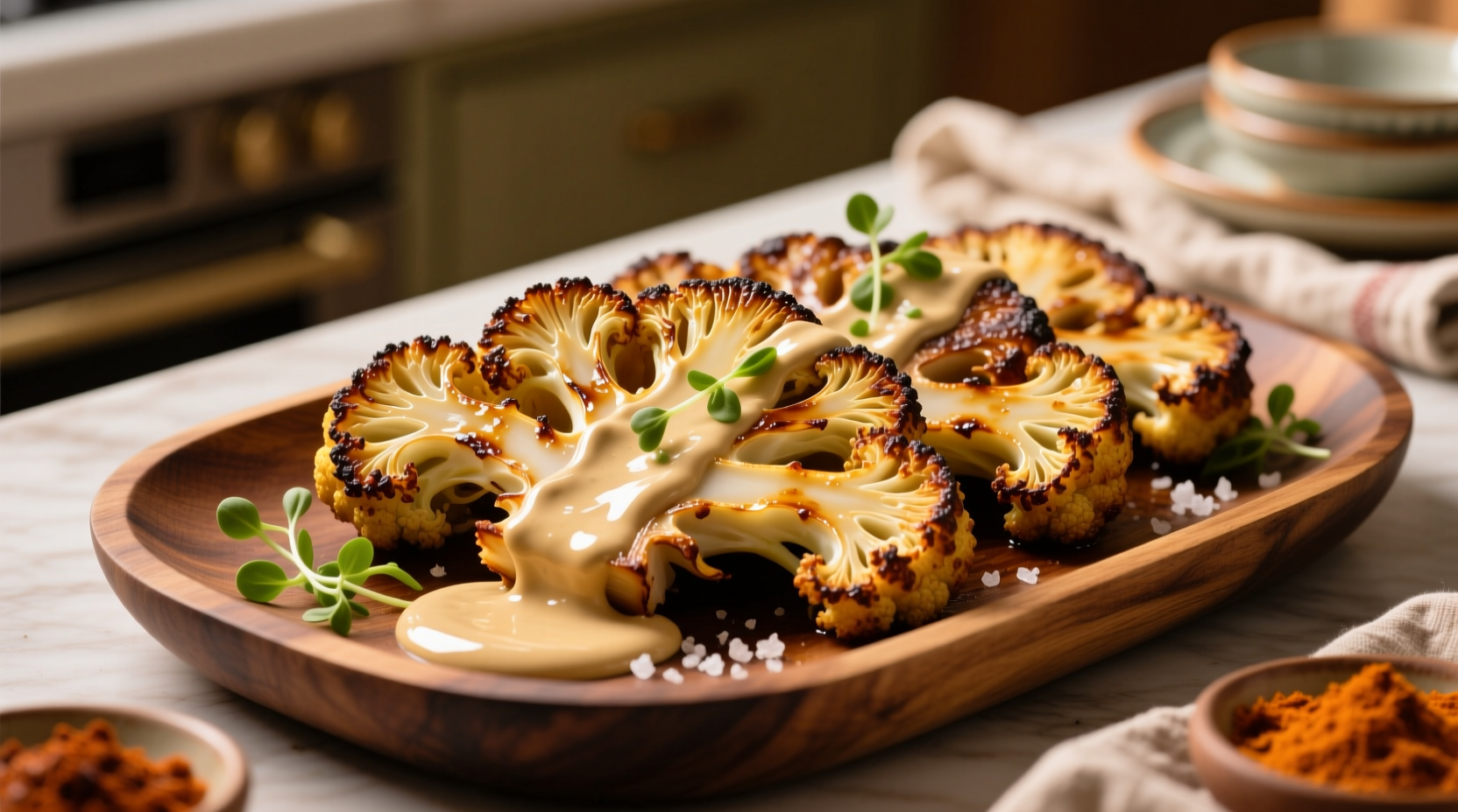 Golden roasted cauliflower steaks with tahini drizzle