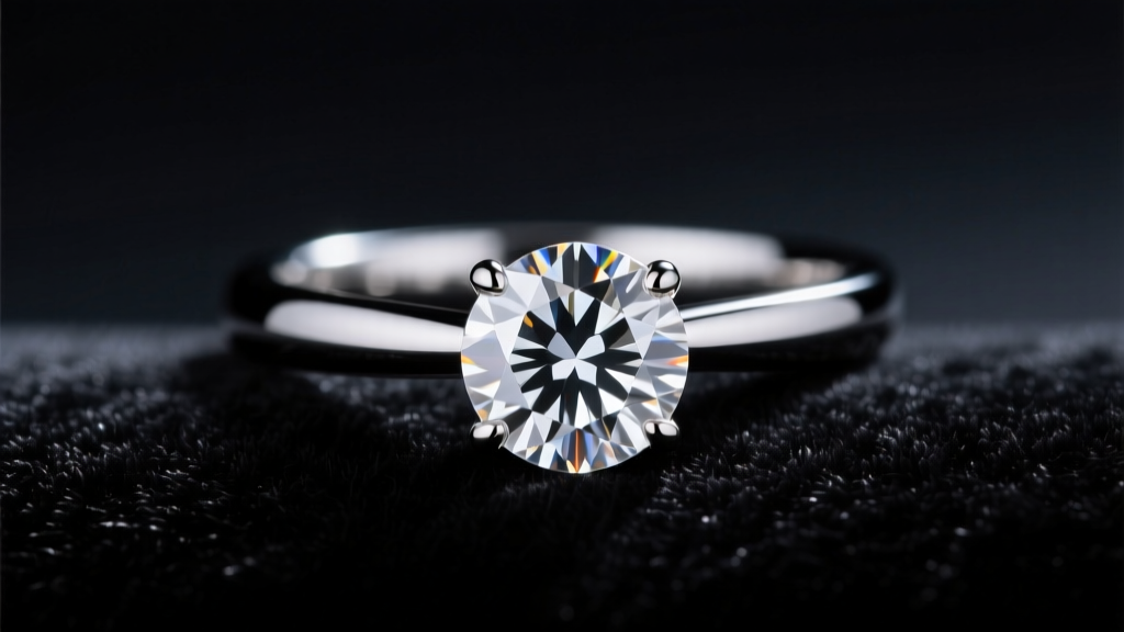 Macro shot of a round brilliant VVS diamond in a platinum solitaire ring on dark velvet with dramatic studio lighting