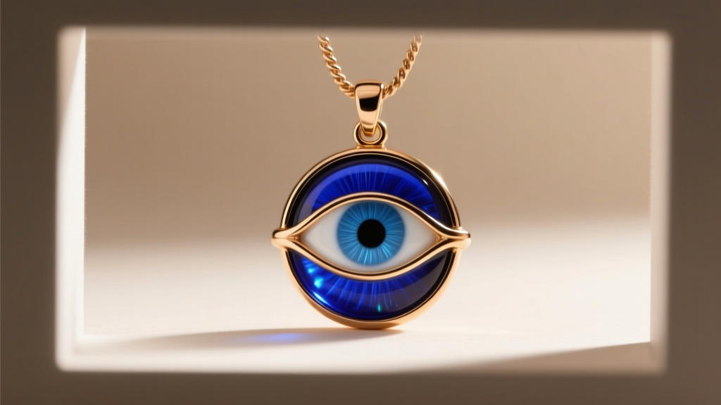 Macro shot of an Alex and Ani evil eye pendant highlighting the cobalt blue glass center and brass bezel setting, sharp focus