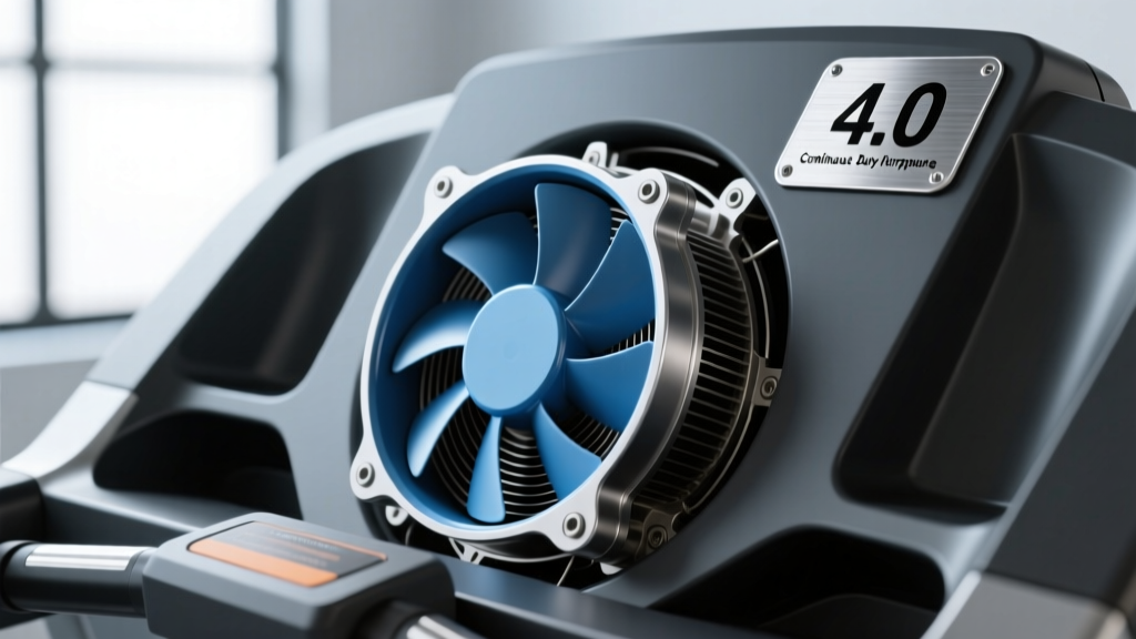 Close-up of a treadmill motor housing showing the 4.0 continuous duty horsepower rating and integrated cooling fan system