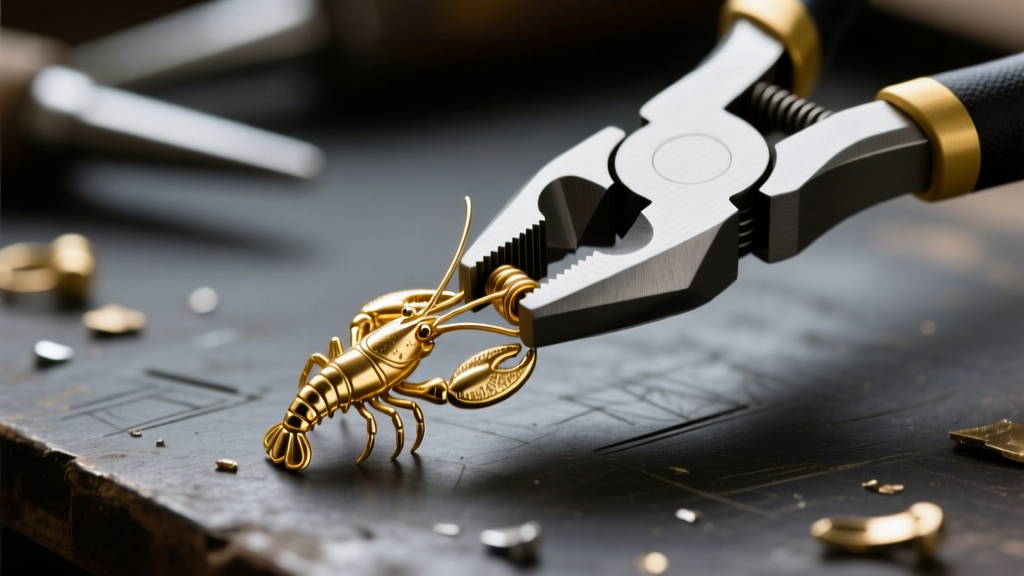 Close-up of nylon-jaw pliers adjusting the tension lever on a small gold lobster clasp against a softly blurred dark workbench.