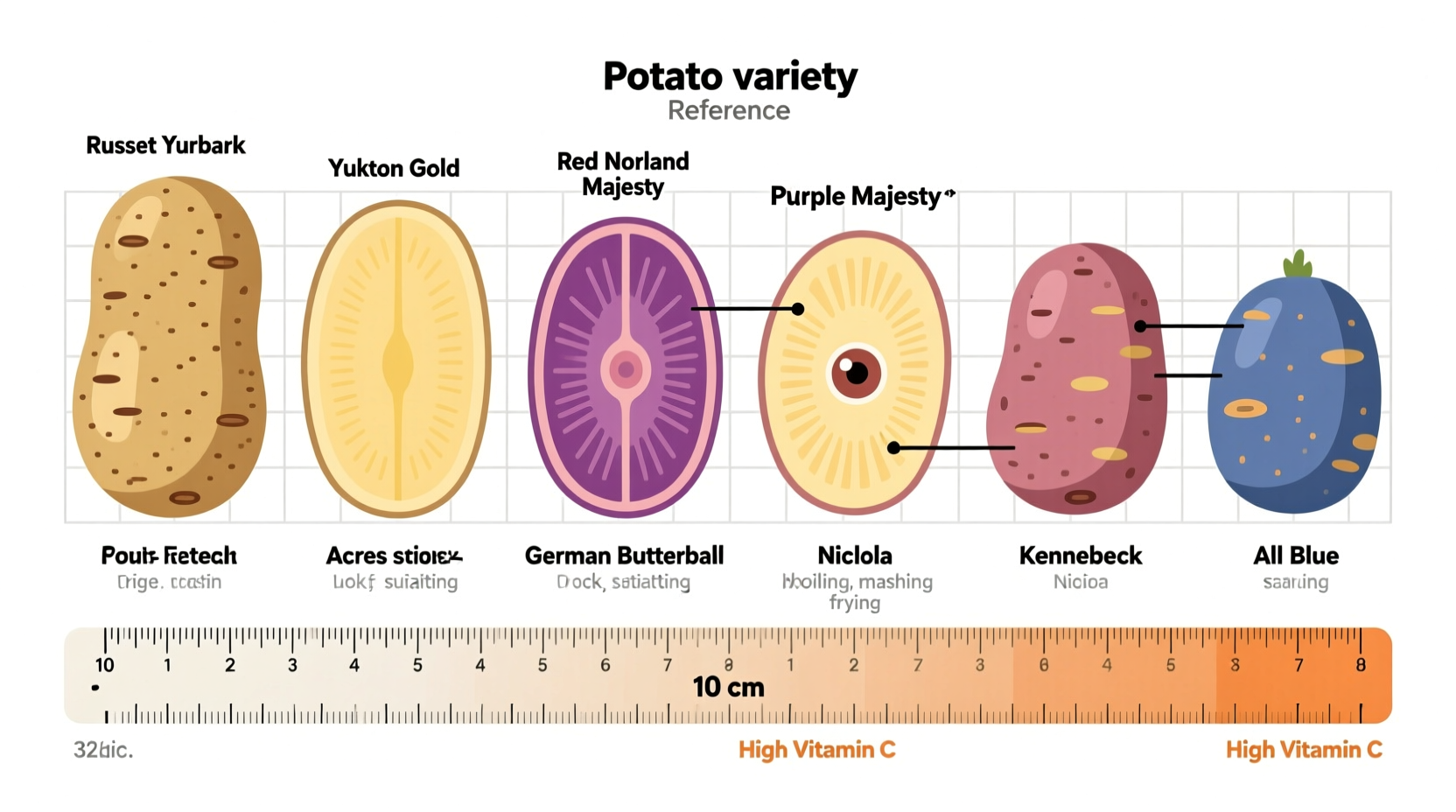 Professional potato variety comparison chart with scale reference