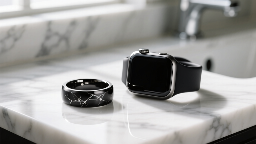 Scratched black PVD-coated Oura Ring Gen 4 and dented titanium Apple Watch Series 10 resting on a white marble bathroom vanity surface