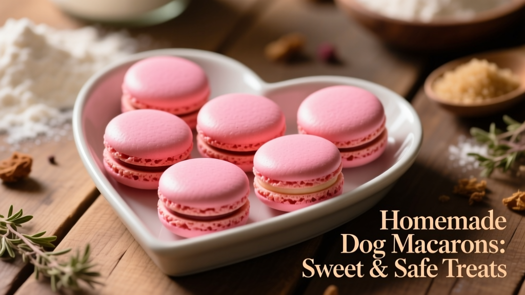 Close-up of vibrant pink dog macarons arranged on a heart-shaped serving tray