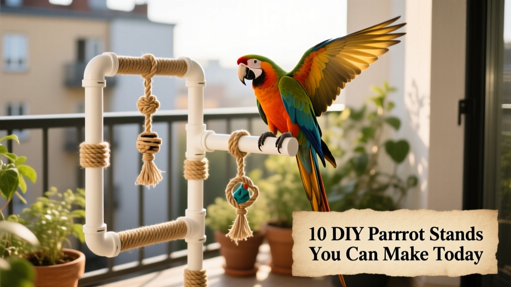 DIY PVC parrot stand with white pipes, rope-wrapped perches, and dangling foraging toys