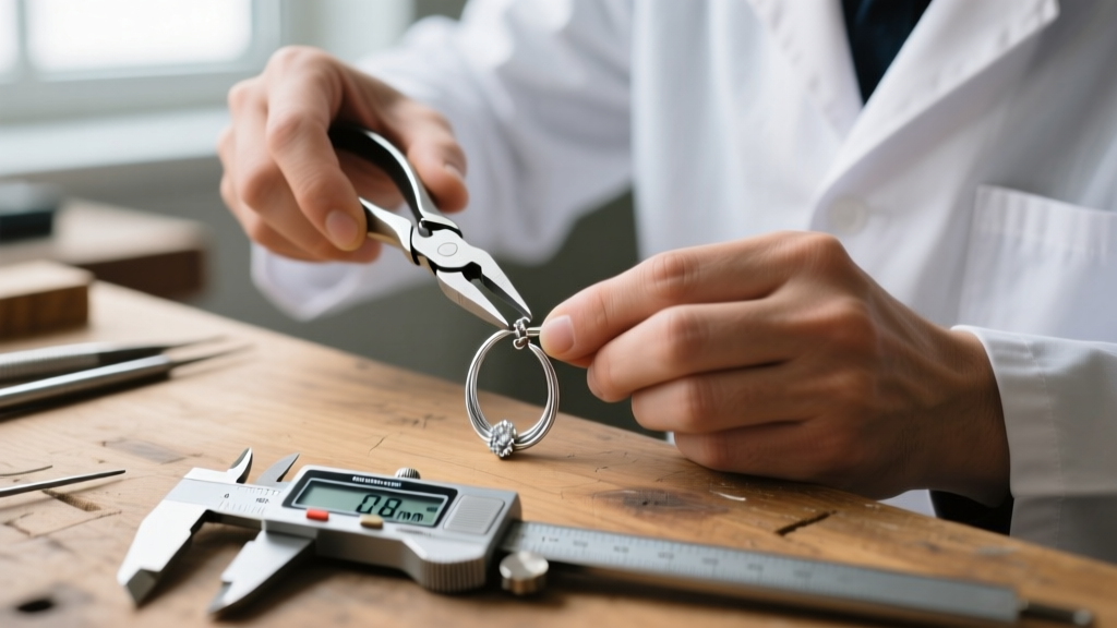 Jeweler using nylon pliers to fix a bent silver earring post, with digital calipers measuring wire thickness on a wooden workbench.