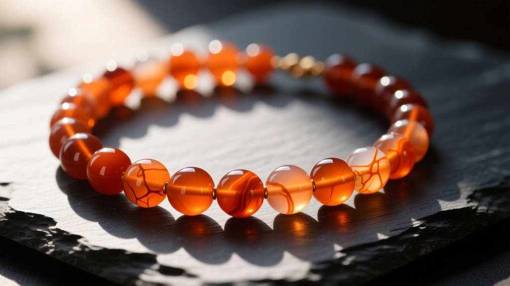 Close-up of a carnelian agate necklace with translucent deep orange beads resting on dark slate under warm natural sunlight