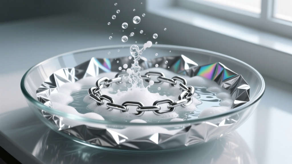 Close-up of a glass dish lined with foil, showing a silver chain submerged in a bubbling baking soda and hot water cleaning bath.