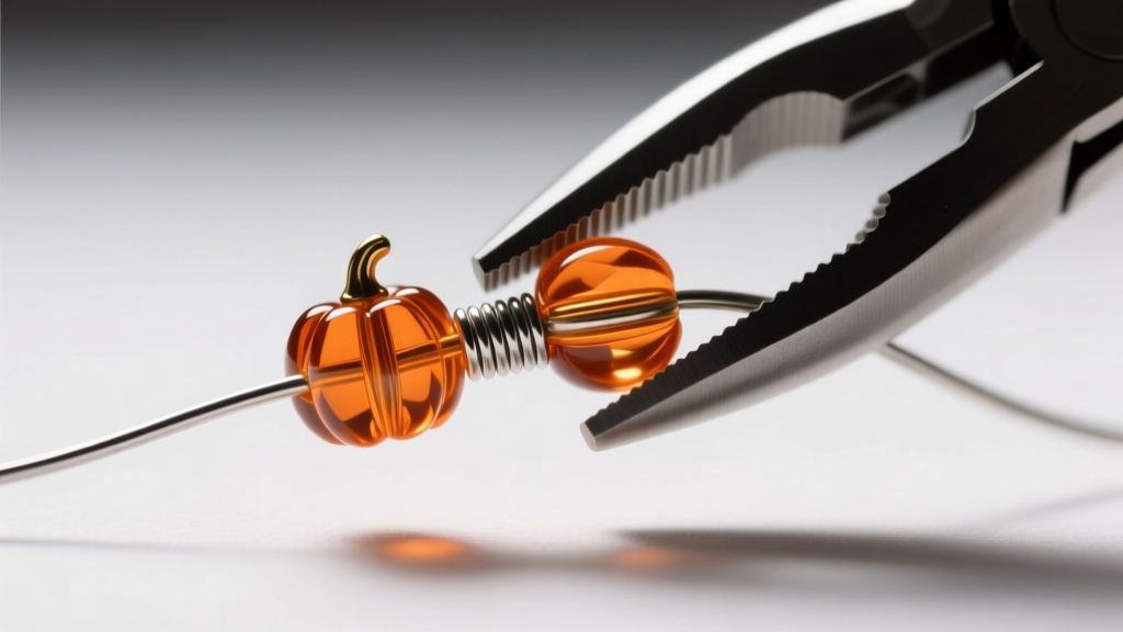 Macro close-up of a crimp bead on 0.015-inch wire secured with micro-pliers, featuring tiny orange glass pumpkin seed beads