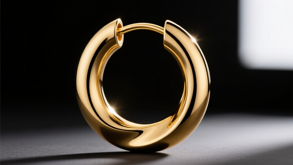Macro diagram showing a continuous endless 14k gold hoop earring closure overlapping seamlessly against a dark studio background