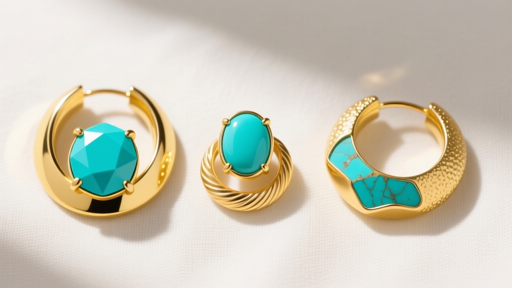 Overhead flat lay of three turquoise gold hoops on linen, showing varying stone cuts, hoop sizes, and brushed yellow gold finishes.