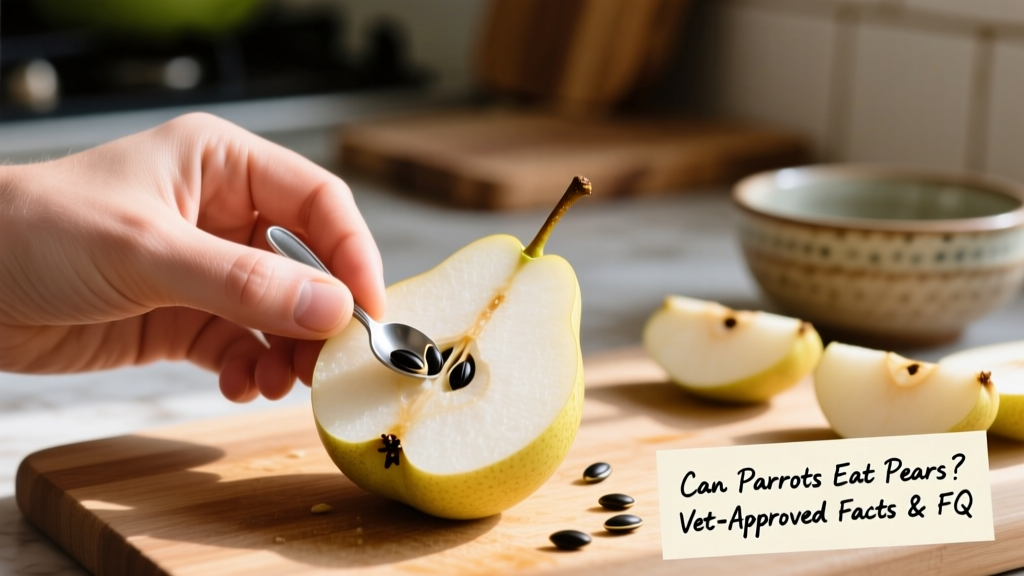 Close-up of a hand removing pear seeds from a halved pear, demonstrating safe preparation