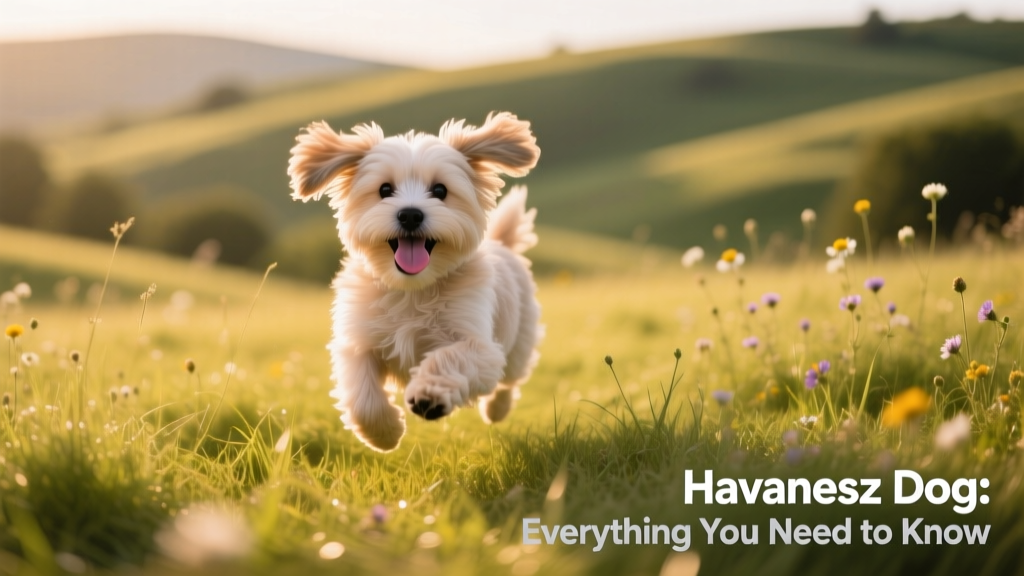 A playful Havanese puppy running through a grassy field, tongue out and ears flying
