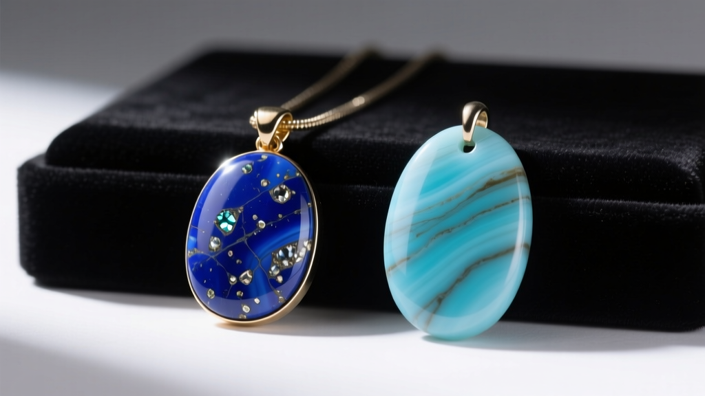 Genuine vintage lapis lazuli pendant showing natural pyrite flecks next to a dyed howlite fake under bright gemological lighting