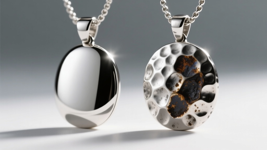 Smooth silver pendant next to a hammered silver pendant, showing dark tarnish accumulation deep within the textured metal crevices