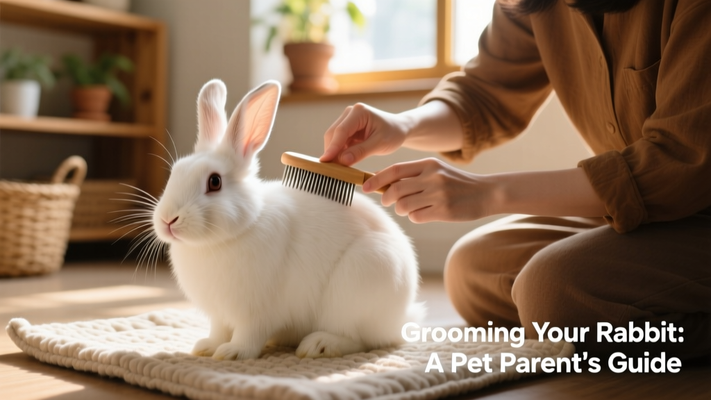 A calm rabbit being gently brushed by a pet parent on a soft, non-slip mat