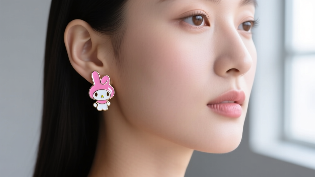 Close-up of pink enamel My Melody bunny stud earrings on a woman's earlobe, soft pastel lighting, kawaii aesthetic, highly detailed.